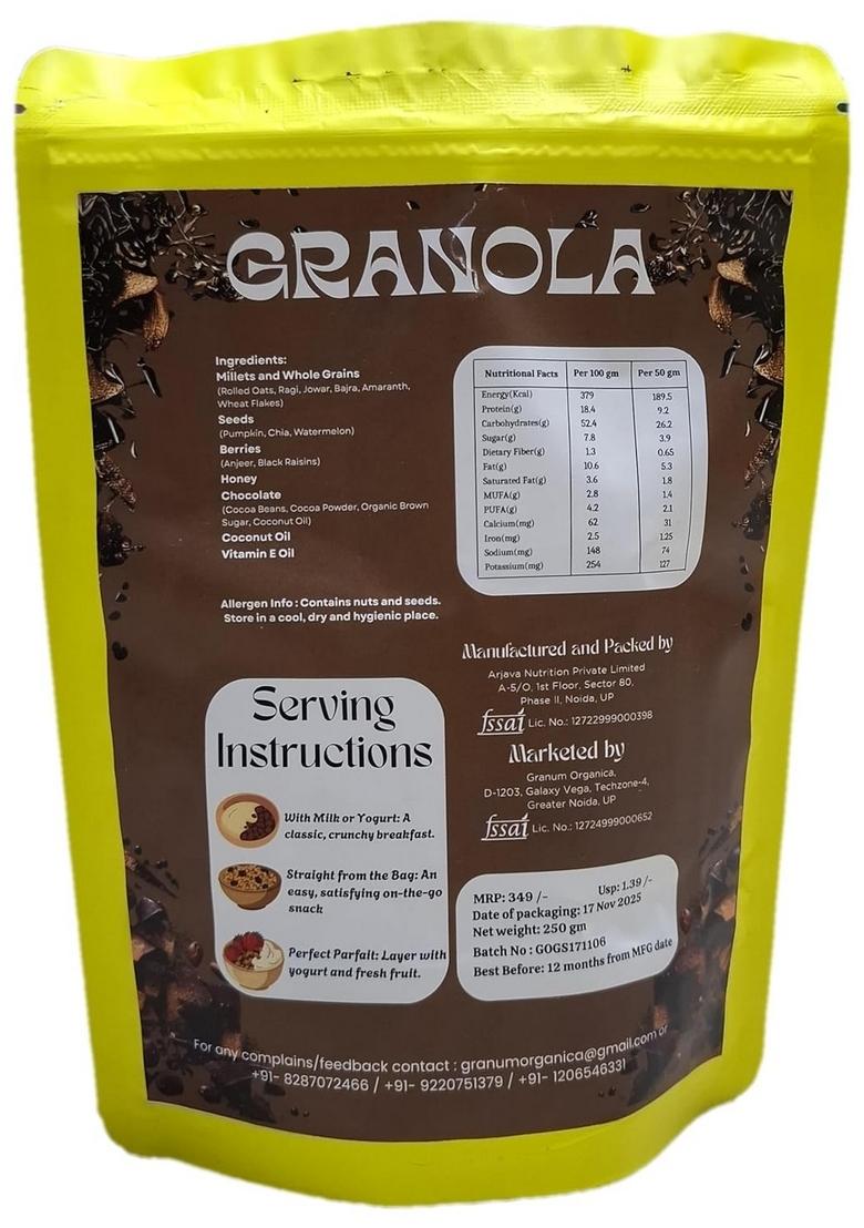 Granum Organica Superfood Chocolate Granola, 250G, Natural Cocoa With Wholegrains, Seeds, Berries, No White Sugar, No Palm Oil, High Protein Breakfast Cereal