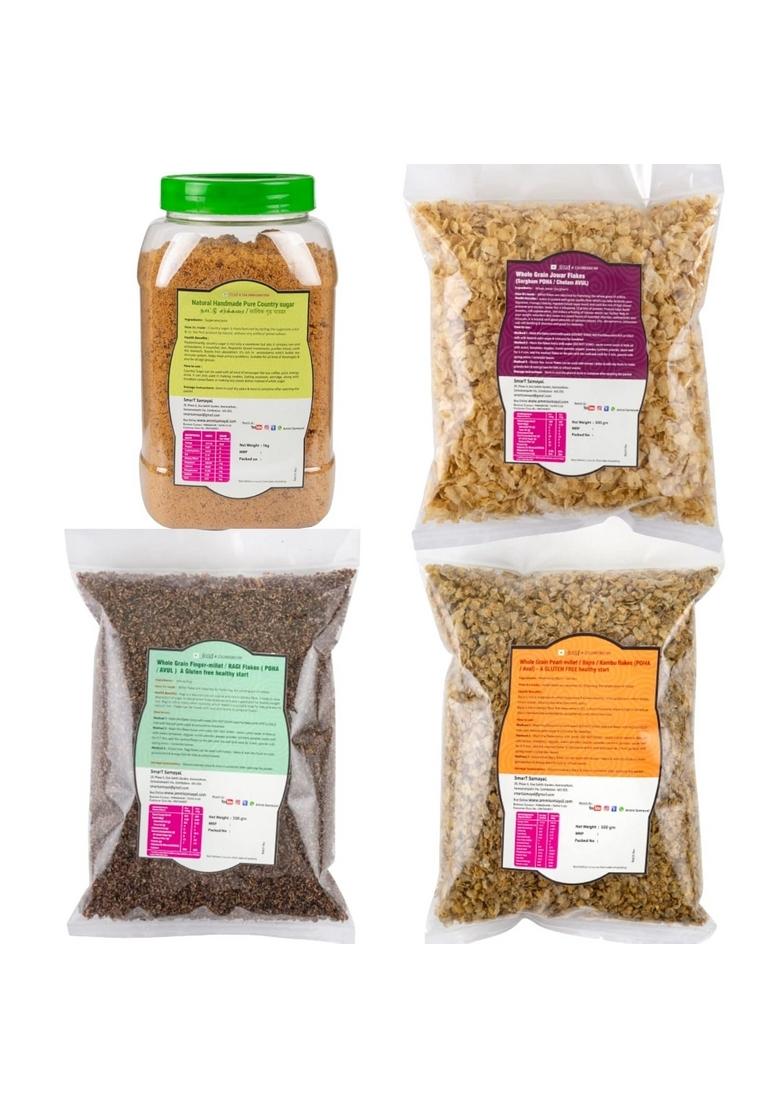 Ammi Samayal Combo Of Ragi Bajra Jowar Flakes With Country Sugar | 1Kg Bottle (4 Packs X 500G) | Premium Organic Finger Millet Poha | Healthy Gluten-Free Breakfast Mix | Tasty & Nutritious Millet Flakes
