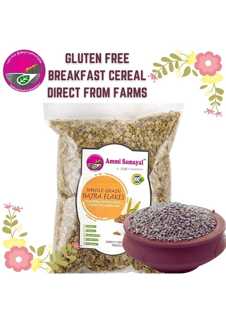 Ammi Samayal Combo Of Ragi Bajra Jowar Flakes With Country Sugar | 1Kg Bottle (4 Packs X 500G) | Premium Organic Finger Millet Poha | Healthy Gluten-Free Breakfast Mix | Tasty & Nutritious Millet Flakes