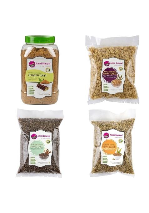 Ammi Samayal Combo Of Ragi Bajra Jowar Flakes With Country Sugar | 1Kg Bottle (4 Packs X 500G) | Premium Organic Finger Millet Poha | Healthy Gluten-Free Breakfast Mix | Tasty & Nutritious Millet Flakes