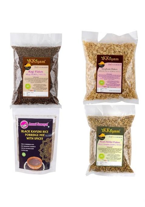 Ikkivam Diabetic Combo Of Baija Jowar & Ragi Flakes (Pack Of 3, 250G Each) & Black Kavuni Rice Porridge Mix With Spices 100G | Organic Finger Millet Ragi Flakes, Miracle Millet | Healthy Breakfast Cereal For Adults & Children | Gluten-Free | Cholesterol F