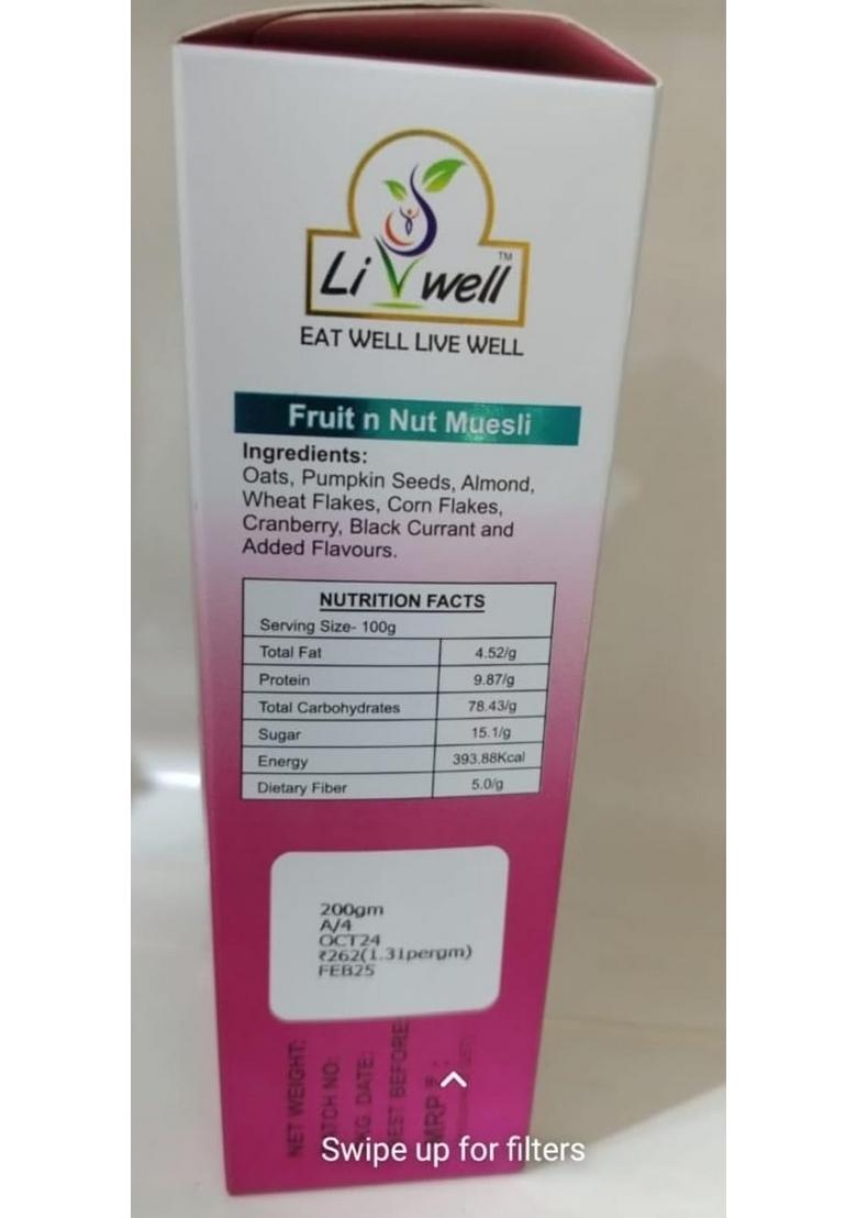 Livwell Premium Dry Fruit & Nut Muesli 500G | Real Fruits & Wholegrain Cereal | High Fiber Protein Breakfast | Healthy Diet Food For Weight Management