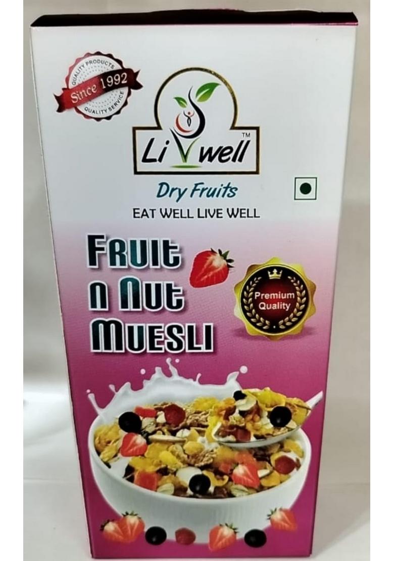 Livwell Premium Dry Fruit & Nut Muesli 500G | Real Fruits & Wholegrain Cereal | High Fiber Protein Breakfast | Healthy Diet Food For Weight Management
