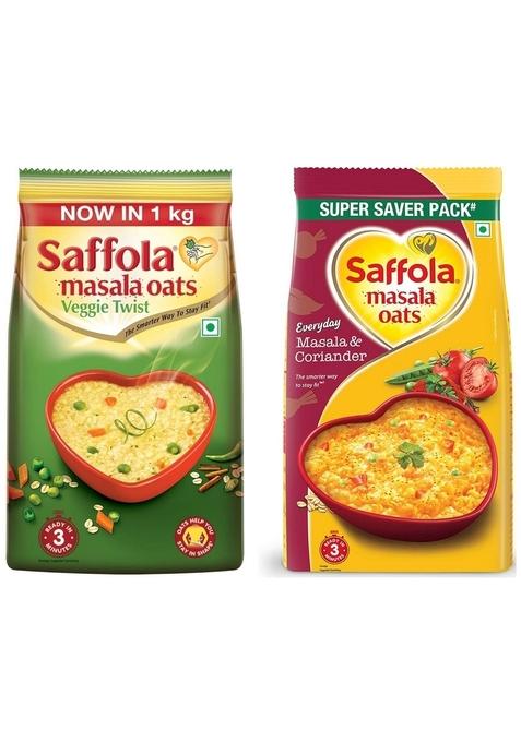 Saffola Masala Oats, Veggie Twist, 1 Kg + Saffola Masala Oats Masala And Coriander, 500G