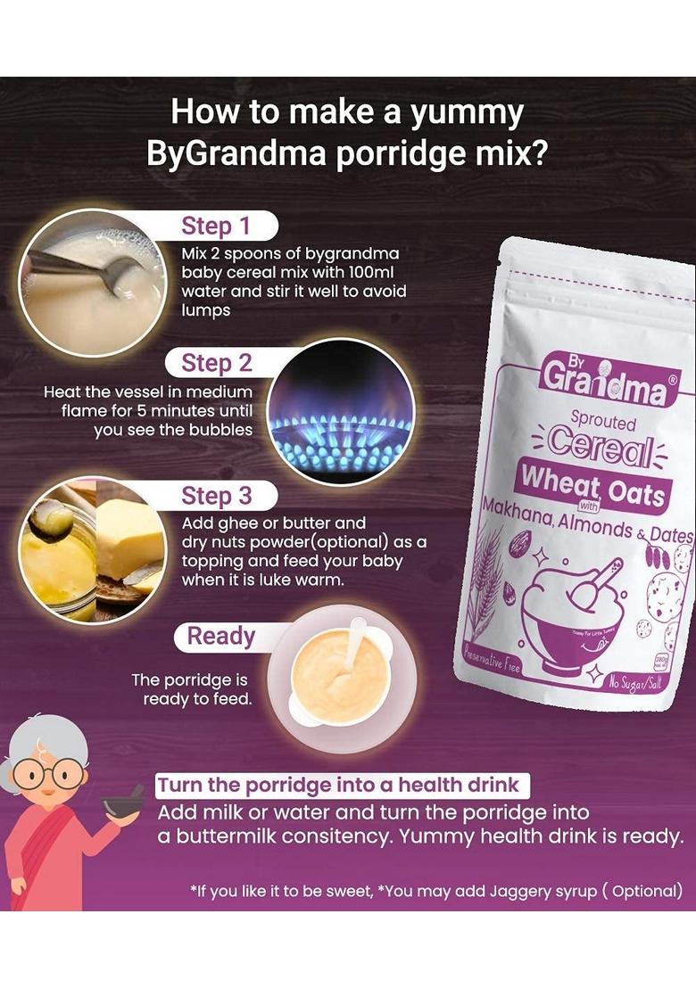 Bygrandma Sprouted Cereal Mix –Sprouted Wheat, Dates And Almond Wholesome Food For Kids | Preservative Free Instant Porridge Mix For Tiny Tots | 840G