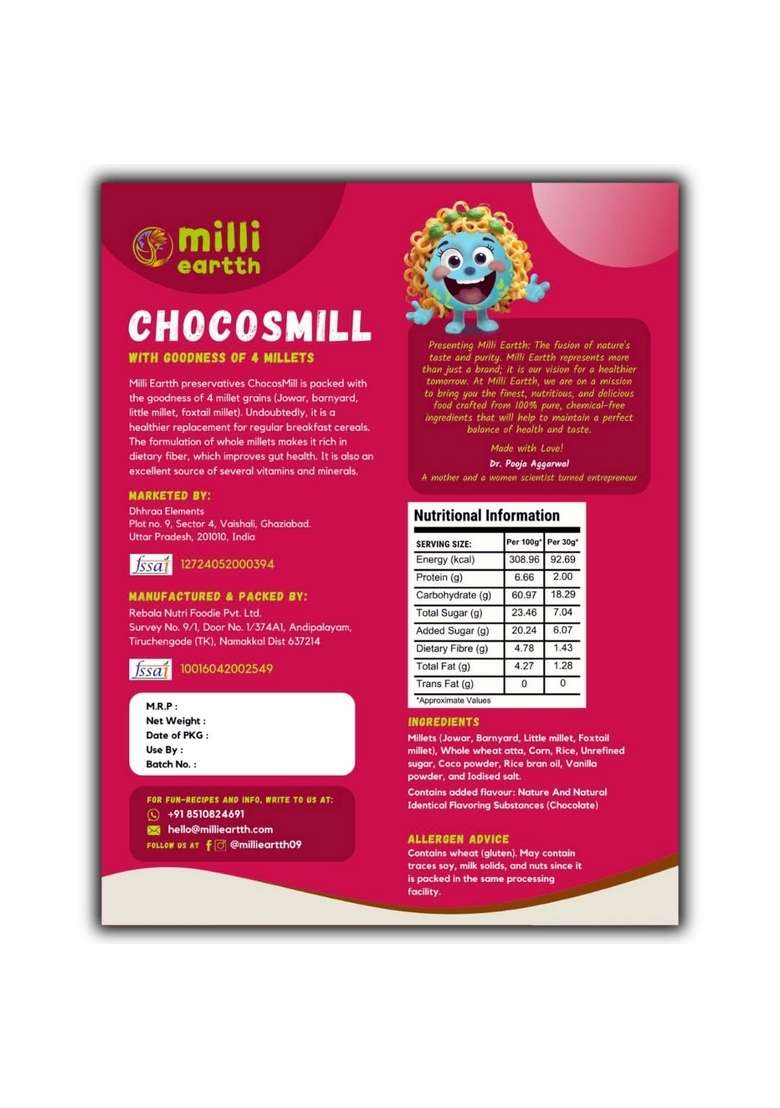 Millieartth Chocosmill - Millet Chocos | Made With 4 Super Millets, Multigrain | Healthy Breakfast Cereal | High In Fiber, Calcium & Protein | No Maida, No Palm Oil | 300Gram (Pack Of 1) - Indya