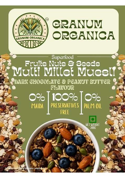 Granum Organica Fruits Nuts And Seeds Multi Millet Muesli 300 Gms No Additives Or Preservatives High Fiber Source Of Protein Ready To Eat Breakfast Healthy And Natural Contains Only Beneficial Ingredients Muesli Multi Millet Fruits