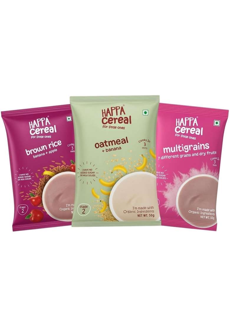 Happa Oatmeal + Banana, Brown Rice + Apple + Banana And Multigrain Cereal For Babies | Only Natural Ingredients | No Sugar, Oil, Milk Powder, Flavours Or Colours | Traditional Porridge Recipe | Cooks In 3 Minutes | Stage 2 (6 Months+) | Pack Of 3 (50G Eac - Indya