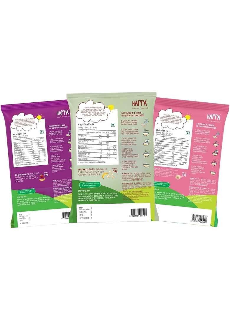 Happa Oatmeal + Banana, Brown Rice + Apple + Banana And Multigrain Cereal For Babies | Only Natural Ingredients | No Sugar, Oil, Milk Powder, Flavours Or Colours | Traditional Porridge Recipe | Cooks In 3 Minutes | Stage 2 (6 Months+) | Pack Of 3 (50G Eac - Indya
