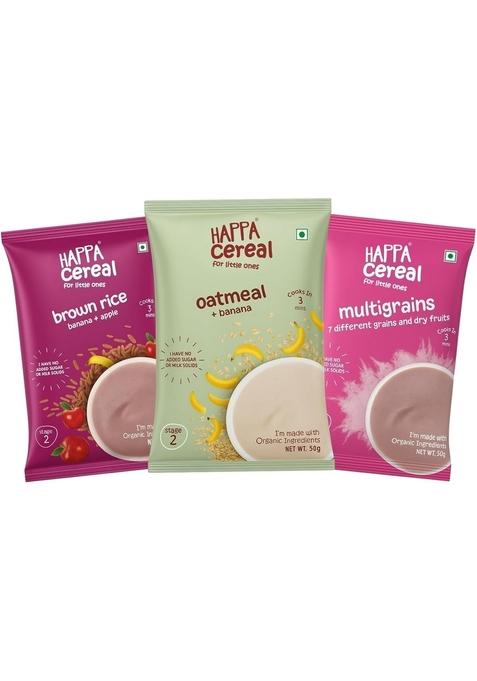 Happa Oatmeal + Banana, Brown Rice + Apple + Banana And Multigrain Cereal For Babies | Only Natural Ingredients | No Sugar, Oil, Milk Powder, Flavours Or Colours | Traditional Porridge Recipe | Cooks In 3 Minutes | Stage 2 (6 Months+) | Pack Of 3 (50G Eac