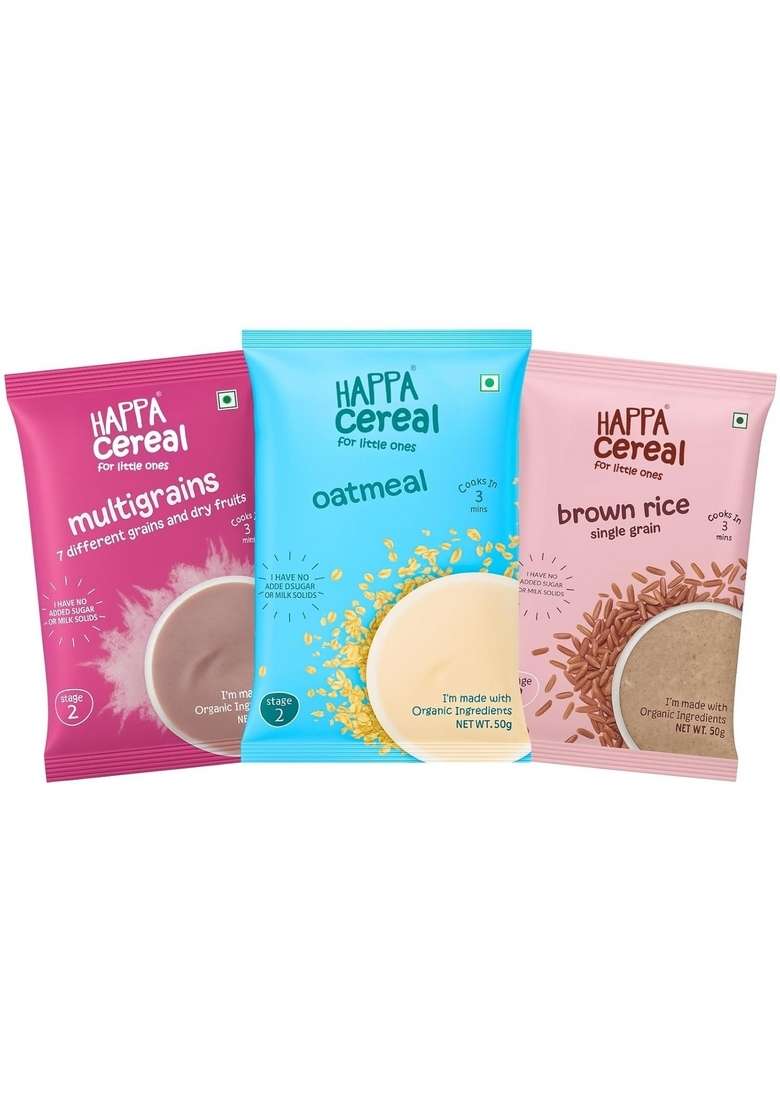 Happa Oatmeal, Brown Rice And Multigrain Cereal For Babies | Only Natural Ingredients | No Sugar, Oil, Milk Powder, Flavours Or Colours | Traditional Porridge Recipe | Cooks In 3 Minutes | Stage 2 (6 Months+) | Pack Of 3 (50G Each) - Indya