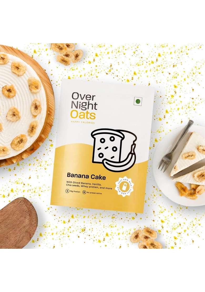 Overnight Oats High Protein, Refined Sugar Free, Diced Banana, Chia Seeds, Whey Protein & More (Banana Cake, 15Grams Protein, Pack Of 10) - Indya