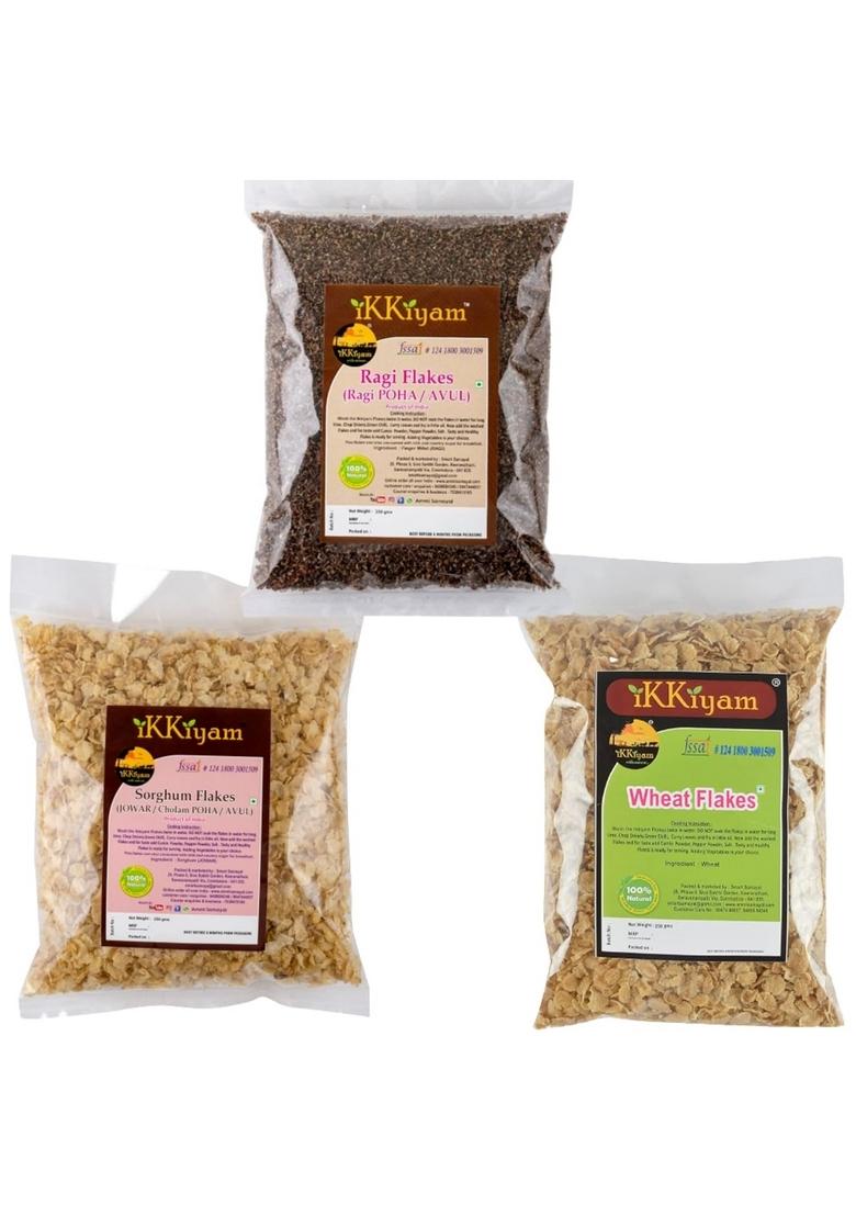 Ikkiyam Combo Of Wheat Flakes (Poha) 250G, Jowar Flakes (Poha) 250G, And Ragi Flakes (Poha) 250 Grams | Healthy Breakfast Combo | Gluten-Free | High Fiber | Traditional South Indian Snack | Natural & Organic