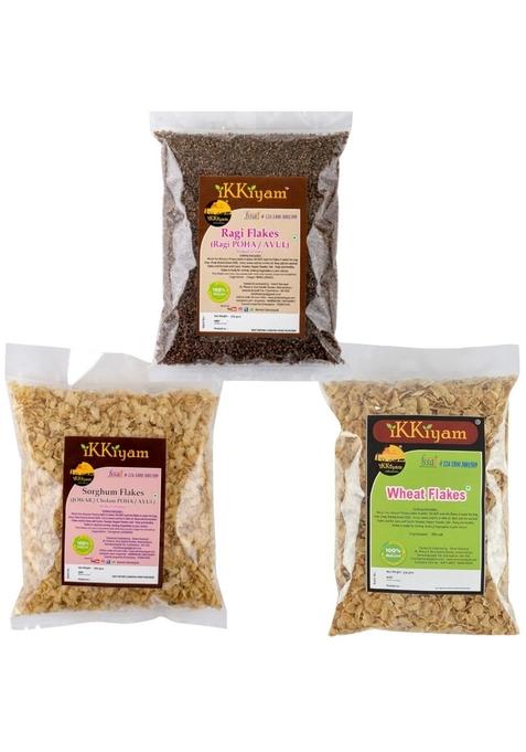 Ikkiyam Combo Of Wheat Flakes (Poha) 250G, Jowar Flakes (Poha) 250G, And Ragi Flakes (Poha) 250 Grams | Healthy Breakfast Combo | Gluten-Free | High Fiber | Traditional South Indian Snack | Natural & Organic