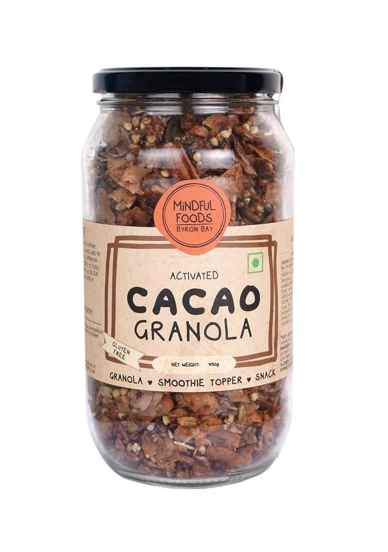 Mindful Foods Ayurvedic Australian Cacao Granola– Low-Sugar Organic Breakfast Mix, Healthy Fats, Protein, And Carbs For Focus & Energy, Energizing Granola With Ayurvedic Herbs & Plant Compounds (450G) - Indya