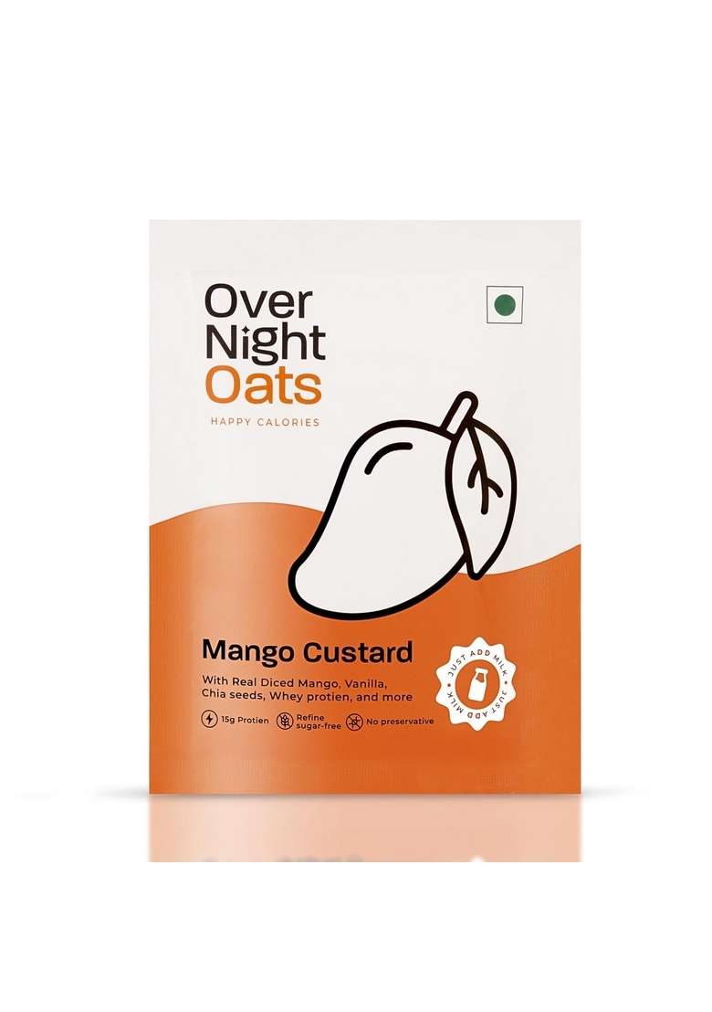 Overnight Oats 15Gm High Protein, Refined Sugar-Free, Real Diced Mango, Chia Seeds, Whey Protein & More| Breakfast Cereals For Weight Management| (Mango Custard, 15Grams Protein, Pack Of 10) - Indya