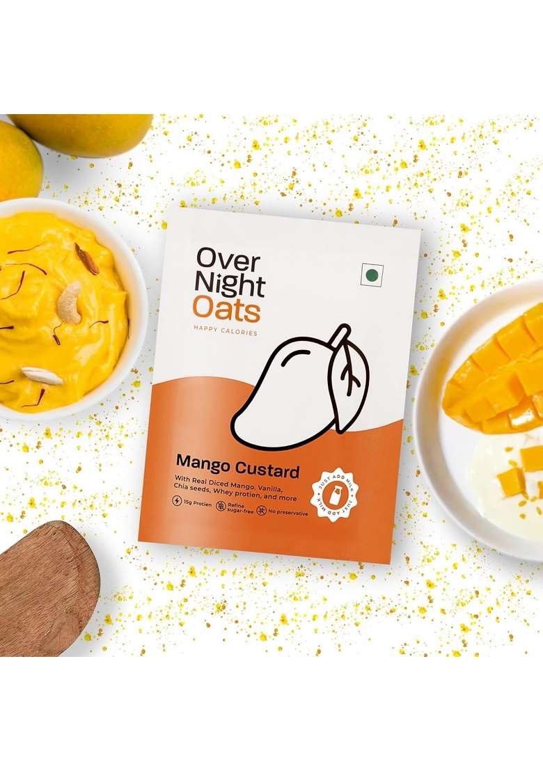 Overnight Oats 15Gm High Protein, Refined Sugar-Free, Real Diced Mango, Chia Seeds, Whey Protein & More| Breakfast Cereals For Weight Management| (Mango Custard, 15Grams Protein, Pack Of 10) - Indya