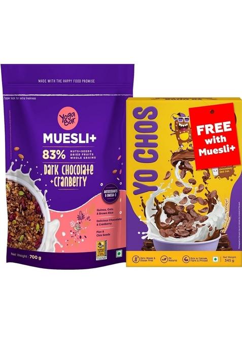 Yogabar Dark Chocolate Muesli, With Free Yo Chos Choco Cereal 345G | Dark Chocolate And Cranberry Muesli With Nuts & Seeds 700G | Yo Chos Breakfast Cereals 345G - No Maida, Same Taste Choco For Kids