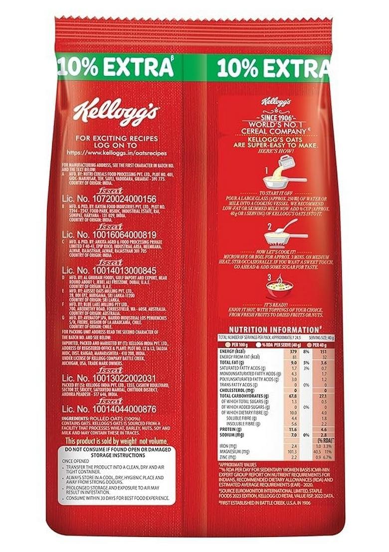 Kellogg'S Oats| Rolled Oats| Breakfast Oats| High In Protein And Fibre, Low In Sodium | 900G Pack