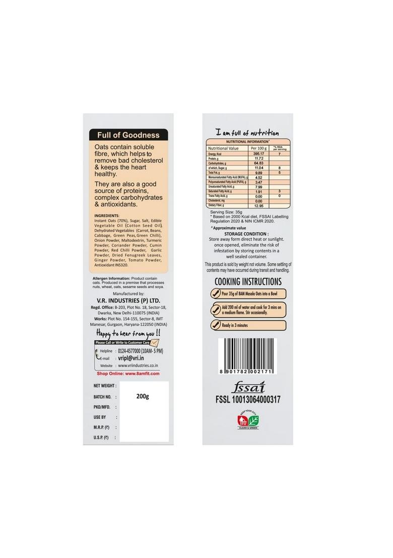 8Am Masala Oats, 200G, Natural Wholegrain, Nutritious Breakfast Cereals, Easy To Cook Oats, Spicy Flavoured With High Fibre, Tasty & Healthy Snacks