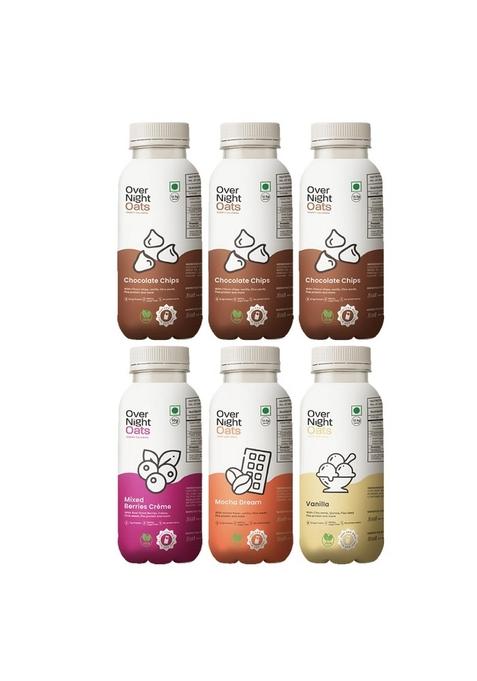 Overnight Oats With Vegan Protein | High Protein Oats Breakfast With Dietary Fibre | No Preservatives | 3 Chocolate Chips + 1 Mixed Berries + 1 Mocha + 1 Vanilla (Pack Of 6, 50G Each)