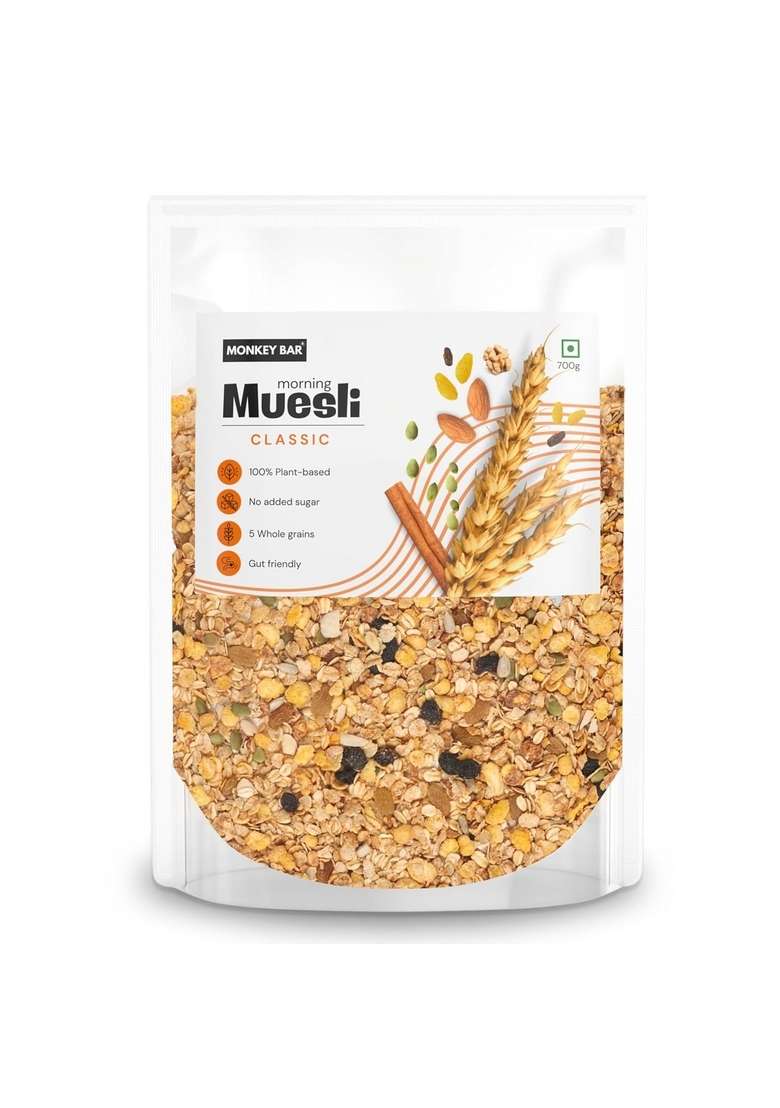 Monkey Bar Morning Muesli - Classic - No Added Sugar | 700G | With Probiotics | Healthy Breakfast Cereal | Granola | Supersaver Pack - Indya