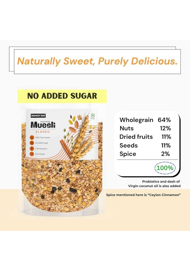 Monkey Bar Morning Muesli - Classic - No Added Sugar | 700G | With Probiotics | Healthy Breakfast Cereal | Granola | Supersaver Pack - Indya
