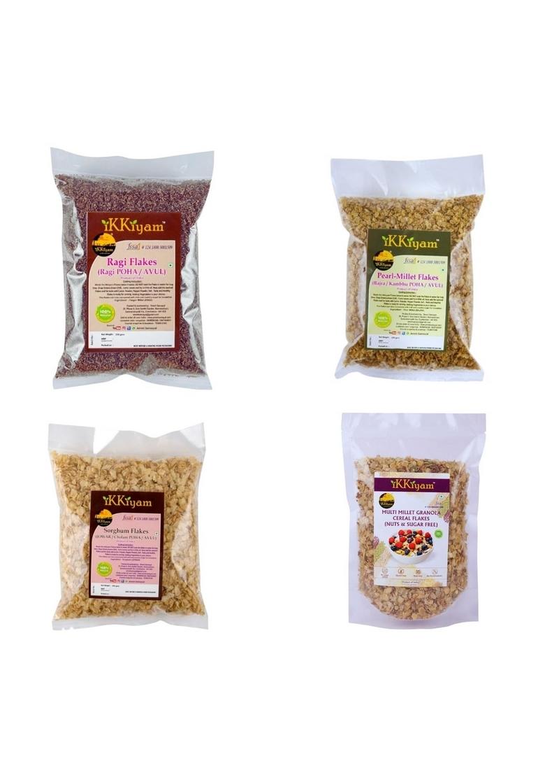 Ikkiyam Combo Of Bajra Jowar Ragi Flakes And Multi Millet Granola Cereal Flakes Nuts And Sugar Free Pack Of 4 250G Each Gluten-Free Best Breakfast For Healthy Day Start No Preservatives 100 Percent Natural Grains For Kids And Adults