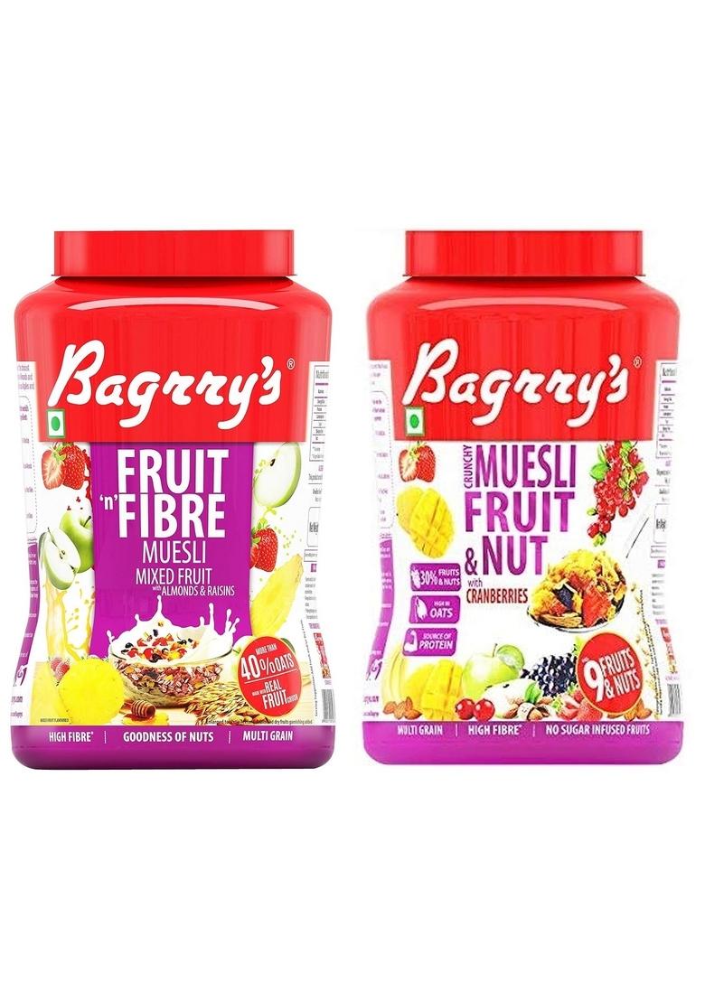 Bagrry'S Fruit N Fibre Muesli, Mixed Fruit, 1000G + Bagrry'S Crunchy Muesli Fruit And Nut With Cranberries, 1000 Gm, Jar