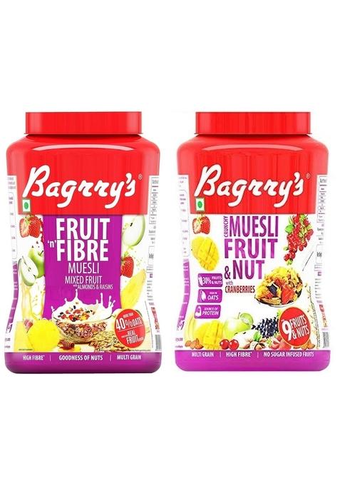 Bagrry'S Fruit N Fibre Muesli, Mixed Fruit, 1000G + Bagrry'S Crunchy Muesli Fruit And Nut With Cranberries, 1000 Gm, Jar