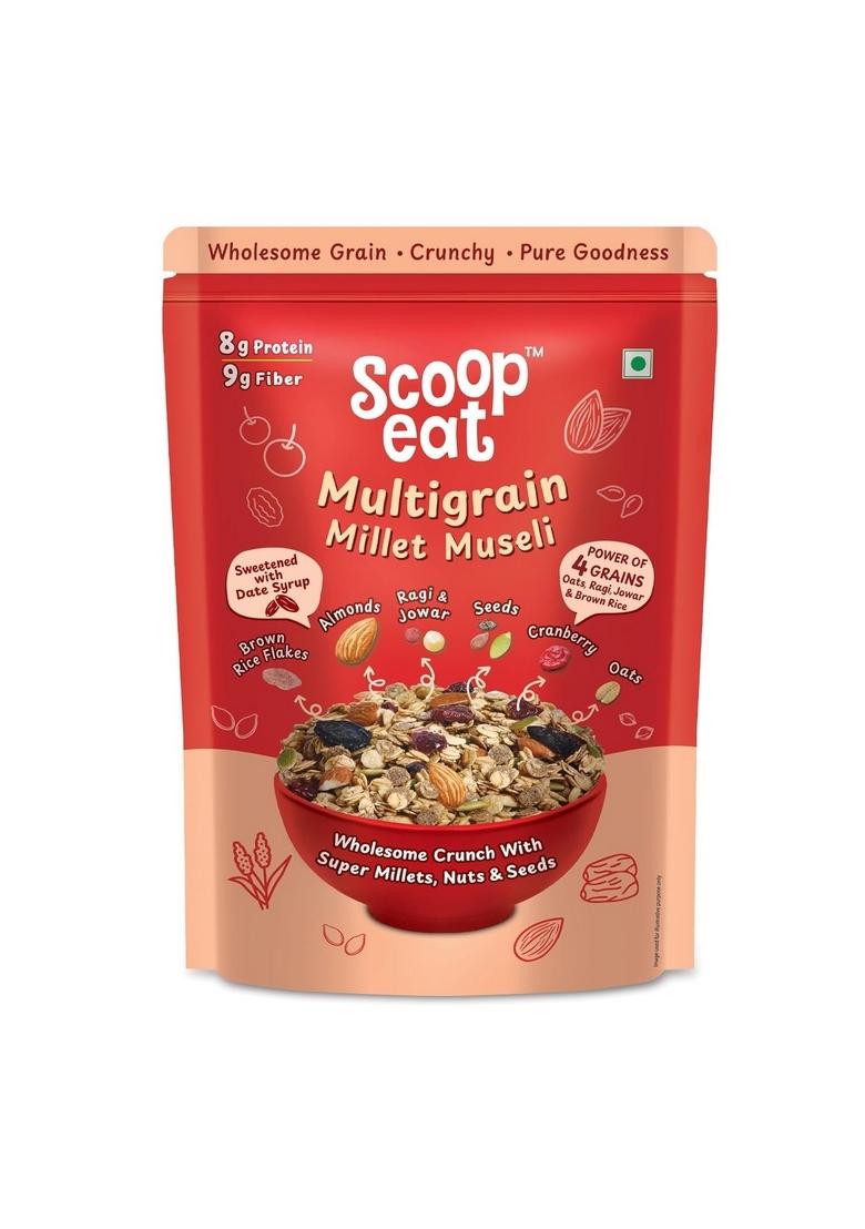 Scoopeat Multigrain Muesli – 250G Pack | High Fiber Breakfast Cereal With Rolled Oats, Brown Rice Flakes, Millets (Ragi & Jowar), Almonds, Seeds, Cranberry & Raisins | No Refined Sugar Or Preservatives