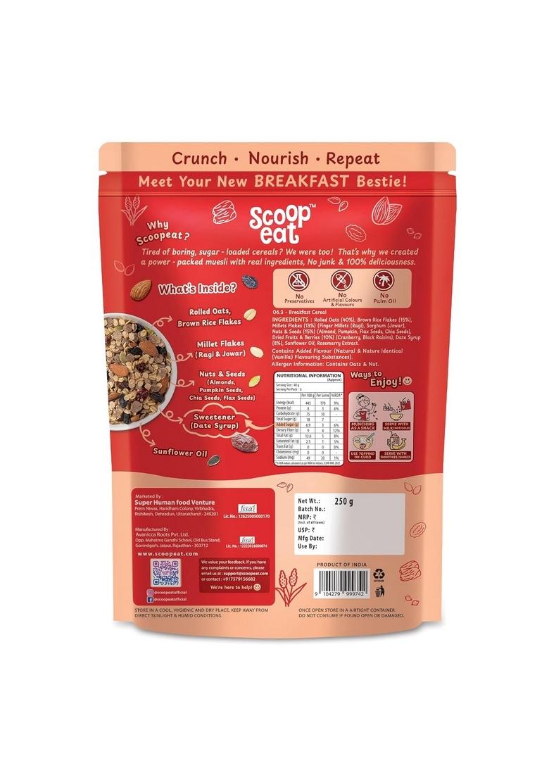 Scoopeat Multigrain Muesli – 250G Pack | High Fiber Breakfast Cereal With Rolled Oats, Brown Rice Flakes, Millets (Ragi & Jowar), Almonds, Seeds, Cranberry & Raisins | No Refined Sugar Or Preservatives