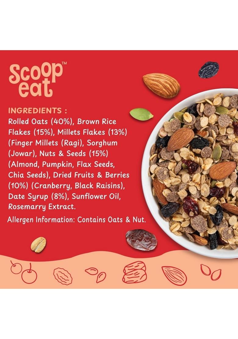 Scoopeat Multigrain Muesli – 250G Pack | High Fiber Breakfast Cereal With Rolled Oats, Brown Rice Flakes, Millets (Ragi & Jowar), Almonds, Seeds, Cranberry & Raisins | No Refined Sugar Or Preservatives