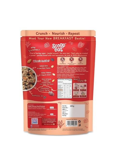 Scoopeat Multigrain Muesli – 250G Pack | High Fiber Breakfast Cereal With Rolled Oats, Brown Rice Flakes, Millets (Ragi & Jowar), Almonds, Seeds, Cranberry & Raisins | No Refined Sugar Or Preservatives