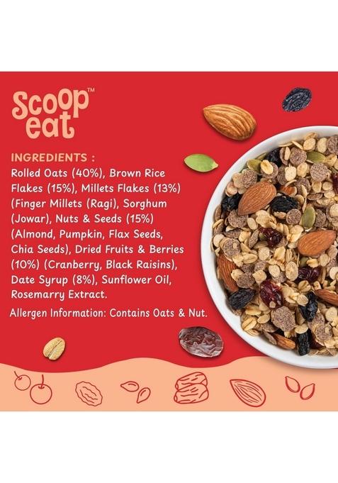 Scoopeat Multigrain Muesli – 250G Pack | High Fiber Breakfast Cereal With Rolled Oats, Brown Rice Flakes, Millets (Ragi & Jowar), Almonds, Seeds, Cranberry & Raisins | No Refined Sugar Or Preservatives