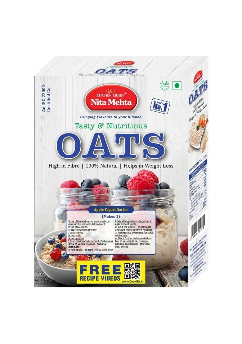 Kitchen Queen Nita Mehta Tasty And Nutritious Oats 200G | High In Fiber | 100% Natural | Helps In Weight Loss Box (Oats, 200G | Pack Of 1) - Indya