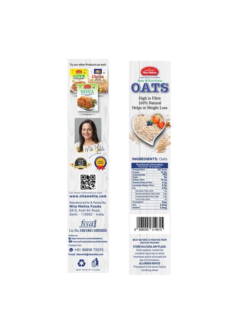 Kitchen Queen Nita Mehta Tasty And Nutritious Oats 200G | High In Fiber | 100% Natural | Helps In Weight Loss Box (Oats, 200G | Pack Of 1) - Indya