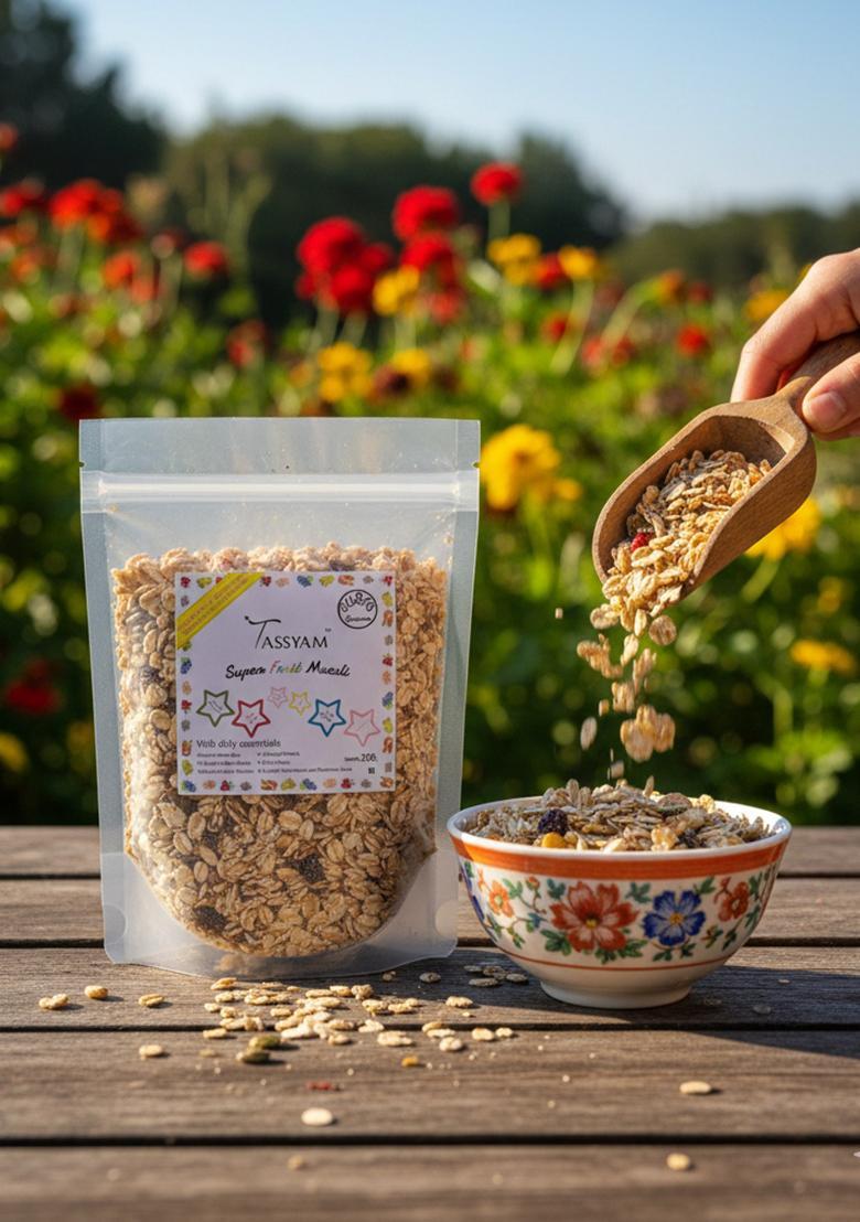 Tassyam Super Fruit Muesli 250 Grams | Natural Rolled Oats + Dehydrated & Dried Fruits