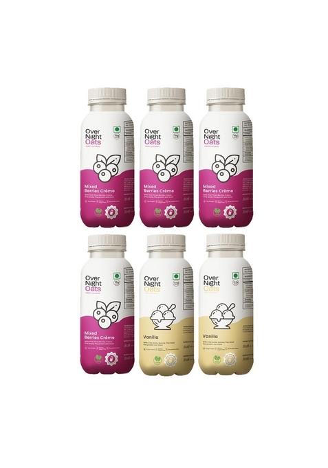 Overnight Oats With Vegan Protein | High Protein Oats Breakfast With Dietary Fibre | Just Add Milk | Ready In Minutes | No Preservatives | 4 Mixed Berries + 2 Vanilla (Pack Of 6, 50G Each)