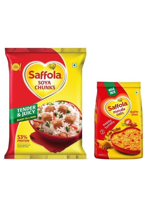 Saffola Soya Chunks With Supersoft Technology, 53% Protien, Tender & Juicy, 1Kg & Saffola Masala Oats | Tasty Evening Snack| Healthy Snack| Peppy Tomato| 500G