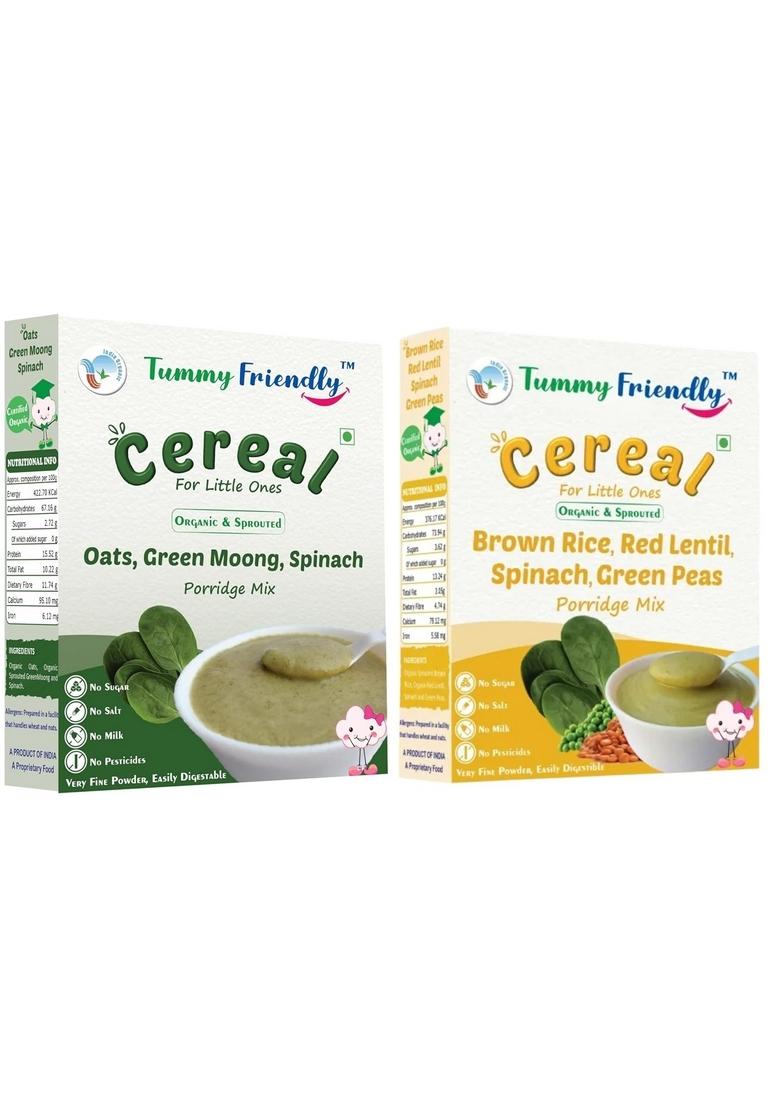 Tummyfriendly Foods Certified Organic Oats, Sprouted Green Moong, Spinach And Organic Brown Rice Red Lentil Spinach Green Peas Porridge Mixes | 200G, 2 Packs