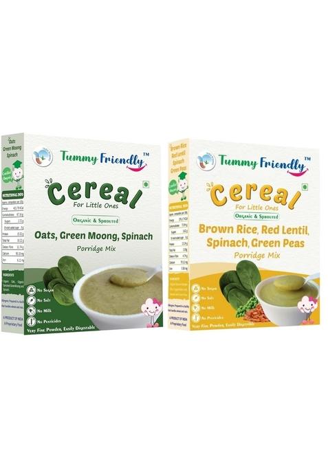 Tummyfriendly Foods Certified Organic Oats, Sprouted Green Moong, Spinach And Organic Brown Rice Red Lentil Spinach Green Peas Porridge Mixes | 200G, 2 Packs