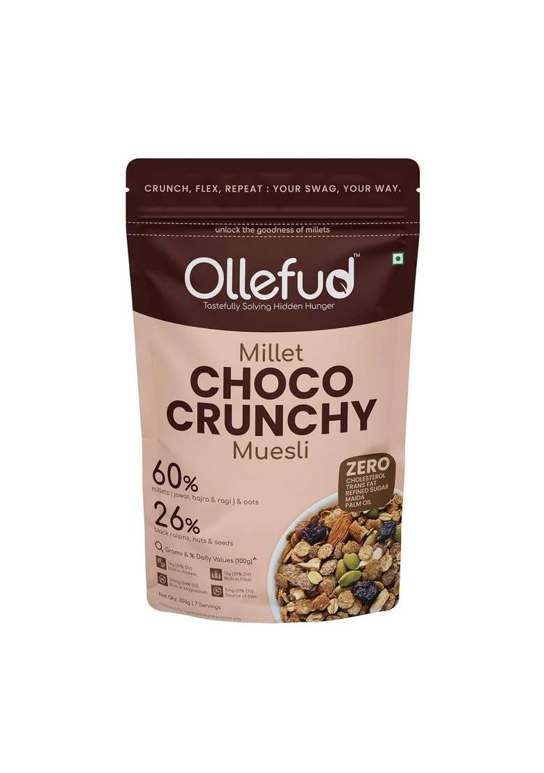 Ollefud Millet Choco Crunchy Muesli | 350G | 47% Millets | 26% (Fruits, Nuts & Seeds) | Protein, Fiber & Magnesium Rich | Iron & Zinc Source | No Refined Sugar - Indya