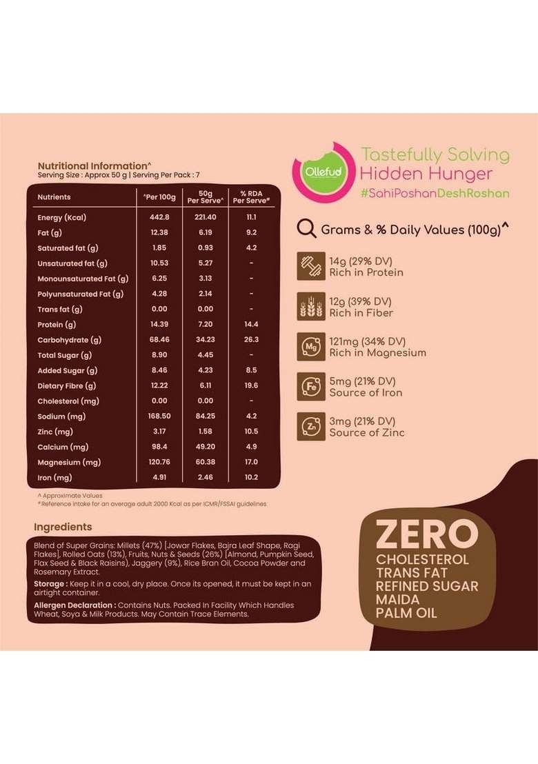 Ollefud Millet Choco Crunchy Muesli | 350G | 47% Millets | 26% (Fruits, Nuts & Seeds) | Protein, Fiber & Magnesium Rich | Iron & Zinc Source | No Refined Sugar - Indya