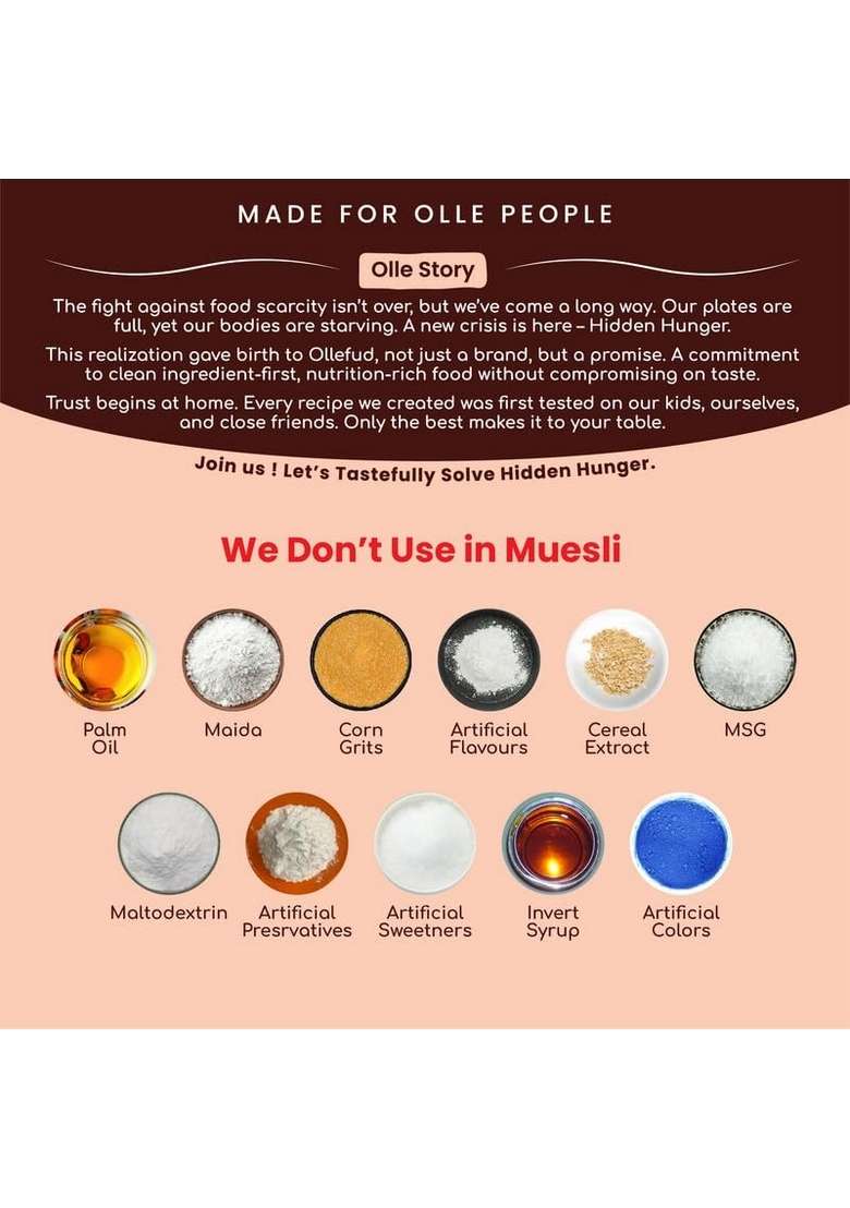 Ollefud Millet Choco Crunchy Muesli | 350G | 47% Millets | 26% (Fruits, Nuts & Seeds) | Protein, Fiber & Magnesium Rich | Iron & Zinc Source | No Refined Sugar - Indya