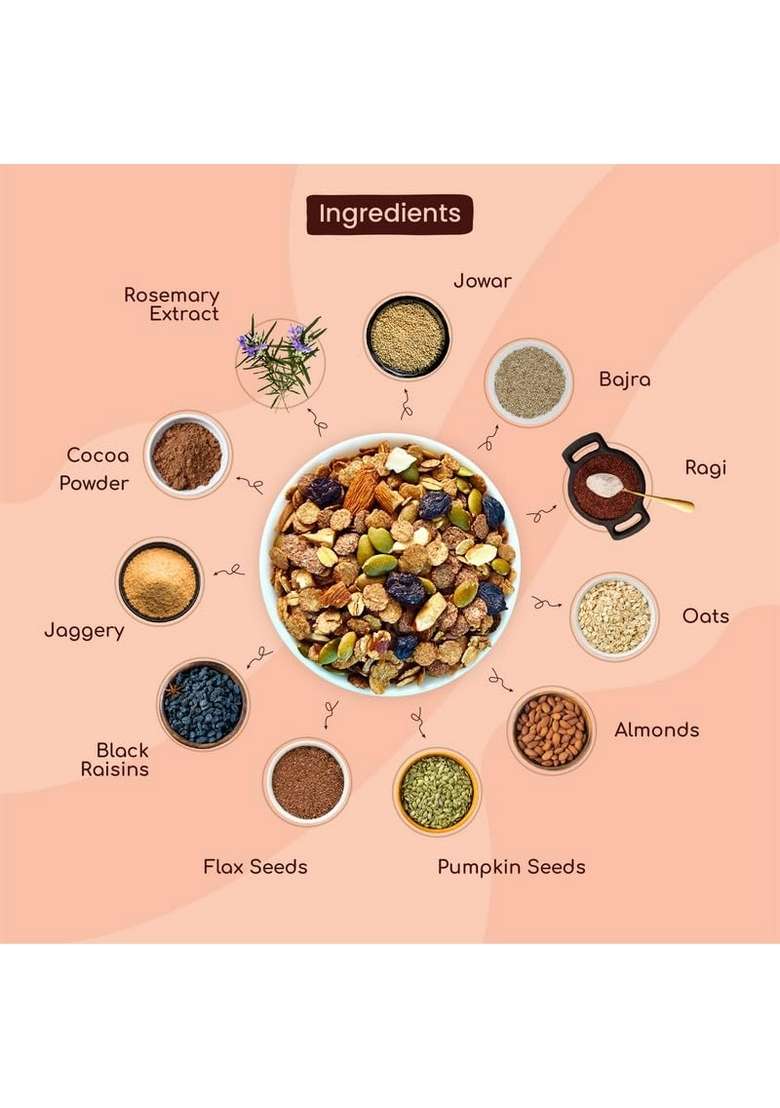 Ollefud Millet Choco Crunchy Muesli | 350G | 47% Millets | 26% (Fruits, Nuts & Seeds) | Protein, Fiber & Magnesium Rich | Iron & Zinc Source | No Refined Sugar - Indya