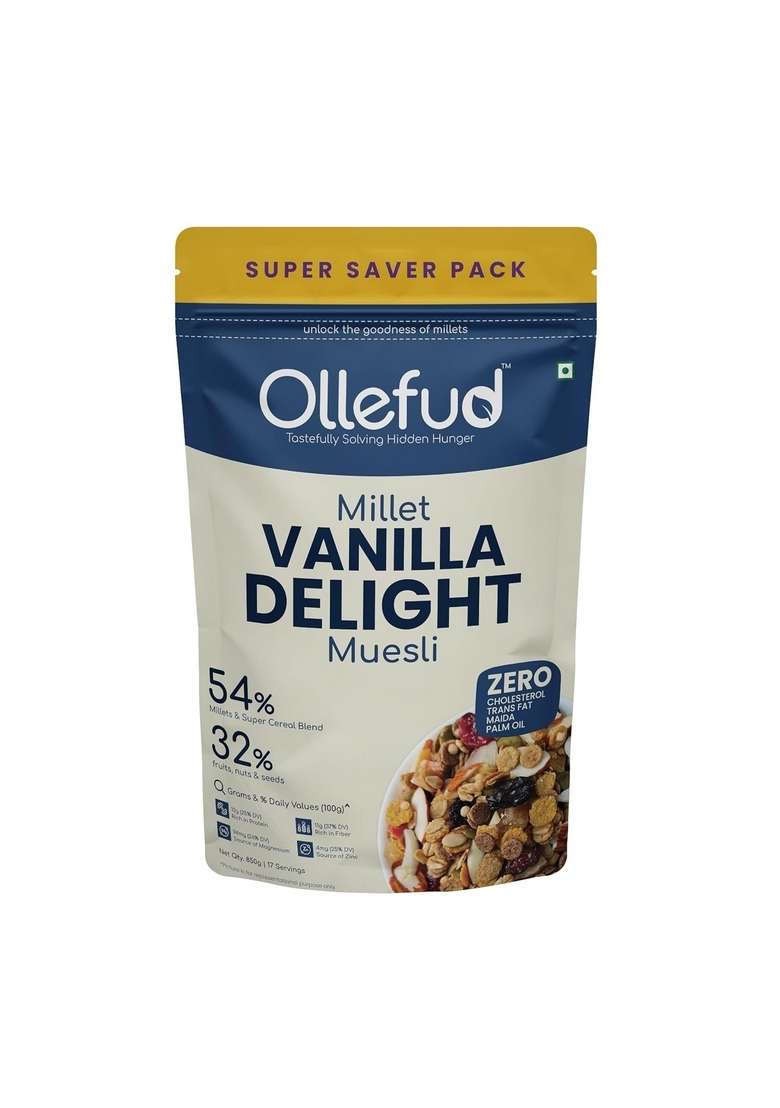Ollefud Millet Vanilla Delight Muesli 850G | 32% (Fruits, Nuts & Seeds) | Coconut Jaggery & Honey | Protein & Fiber Rich | Iron, Zinc & Magnesium Source - Indya