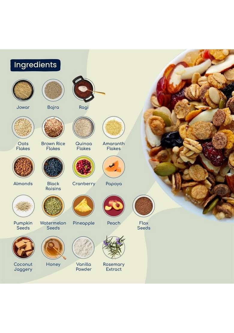 Ollefud Millet Vanilla Delight Muesli 850G | 32% (Fruits, Nuts & Seeds) | Coconut Jaggery & Honey | Protein & Fiber Rich | Iron, Zinc & Magnesium Source - Indya