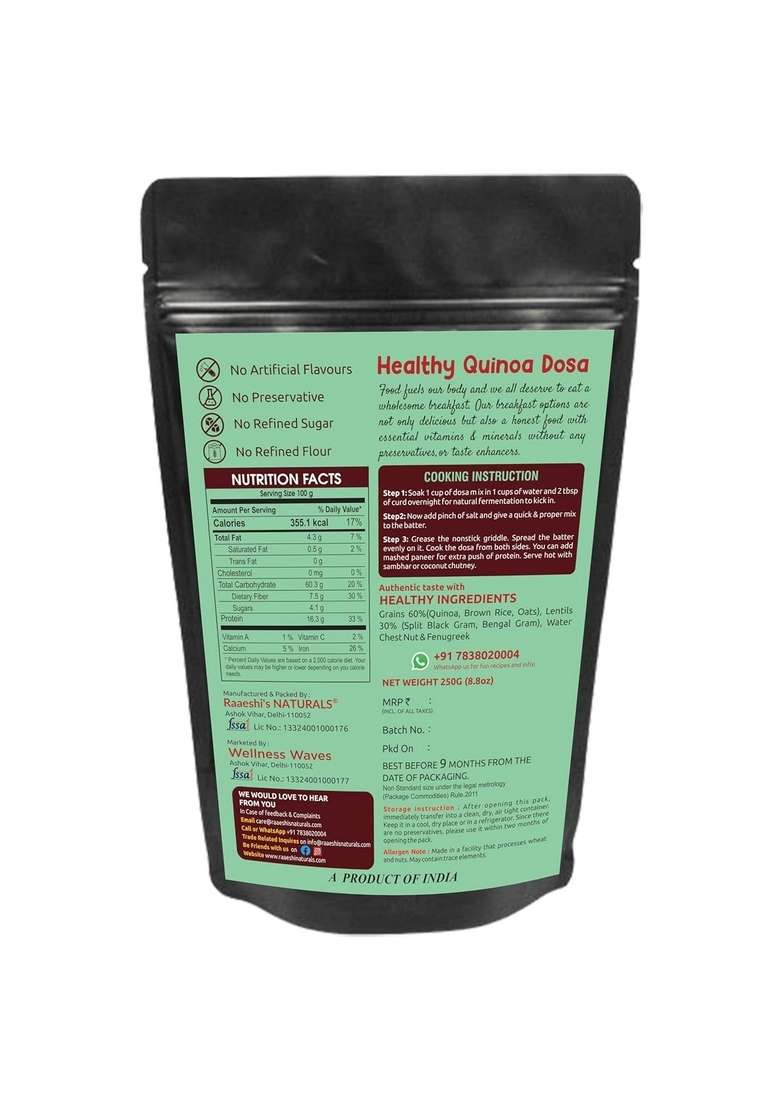 Wellness Waves Healthy Quinoa Dosa Mix, High Protein, Natural Ingredients, 250G - Indya