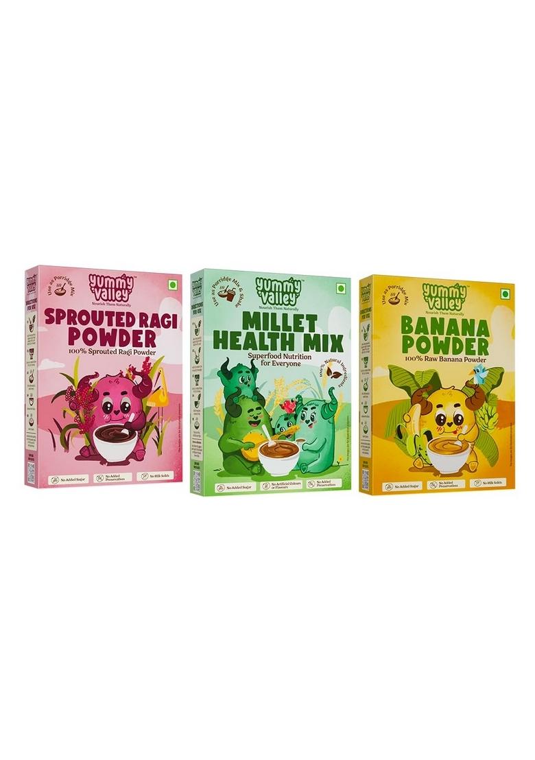 Yummy Valley Millet Health Mix, Sprouted Ragi Powder, Raw Banana Powder |No Added Sugar, No Preservatives, No Maida| Combo Pack | Instant Healthy Wholesome Food